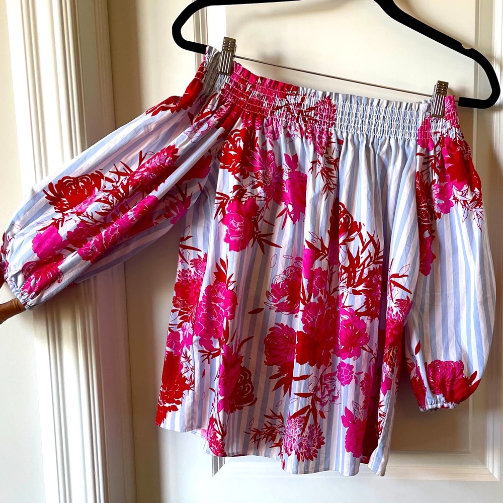 Blue, white, and pink floral top